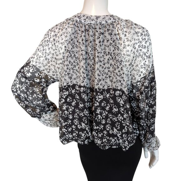Joie Caillie Black & White Floral Chiffon Peasant Top Blouse Puff Sleeves V-Neck - Picture 7 of 13